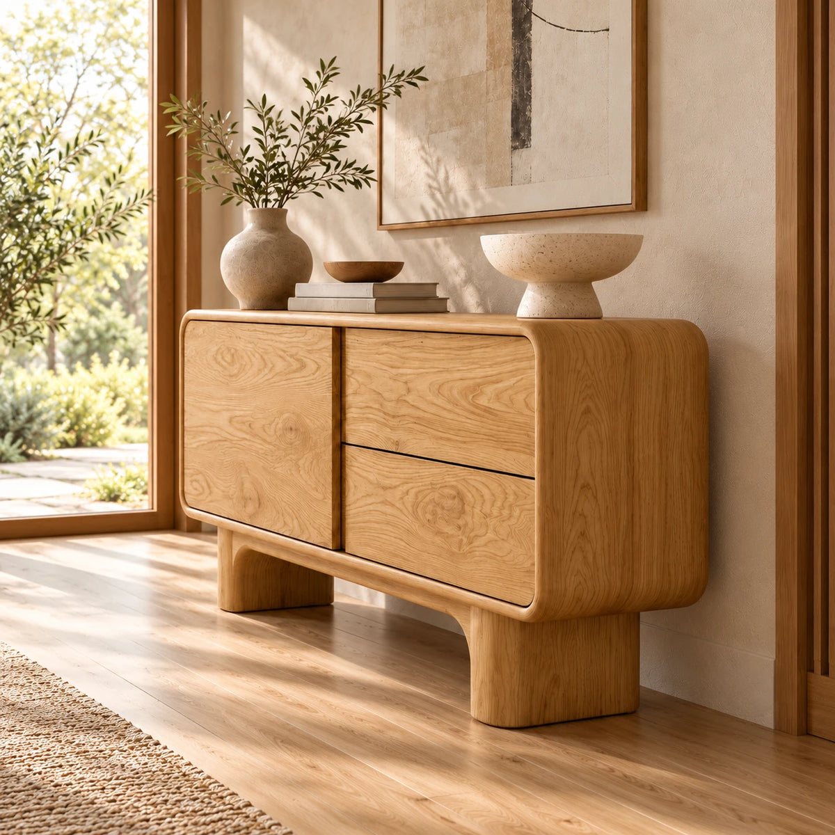Solid Wood Sideboard with Door, Twin Drawers and Rounded Block-Leg Base - Woodenecho - 6