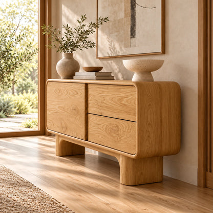 Solid Wood Sideboard with Door, Twin Drawers and Rounded Block-Leg Base - Woodenecho - 6