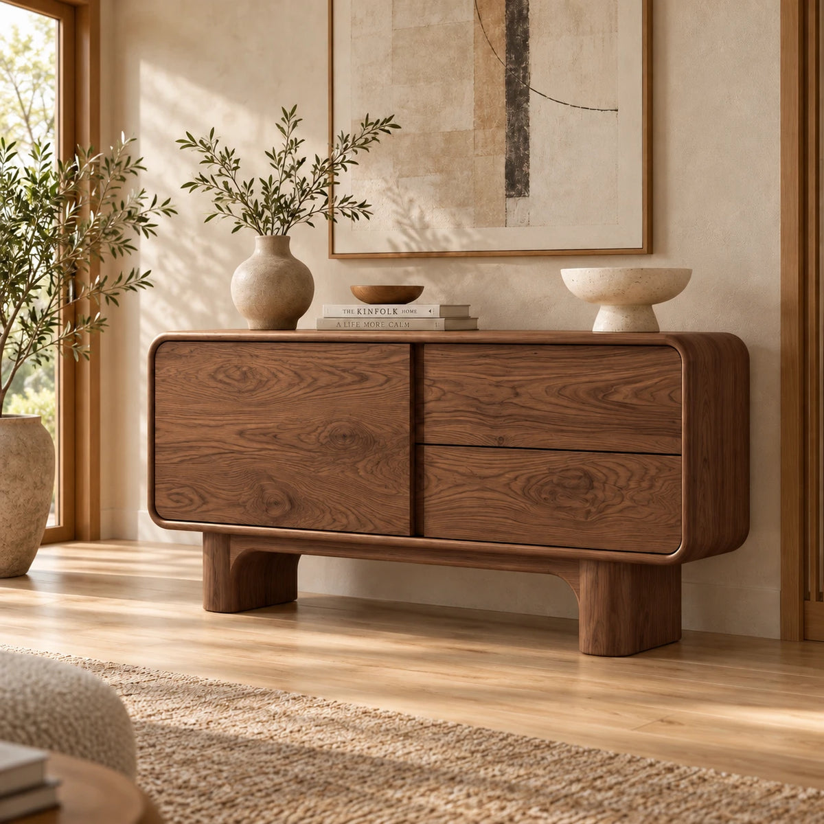 Solid Wood Sideboard with Door, Twin Drawers and Rounded Block-Leg Base - Woodenecho - 7