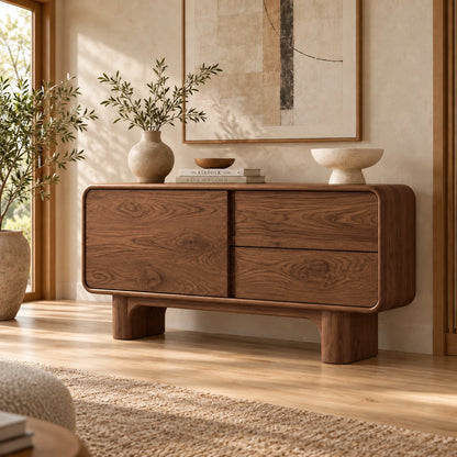 Solid Wood Sideboard with Door, Twin Drawers and Rounded Block-Leg Base - Woodenecho - 7