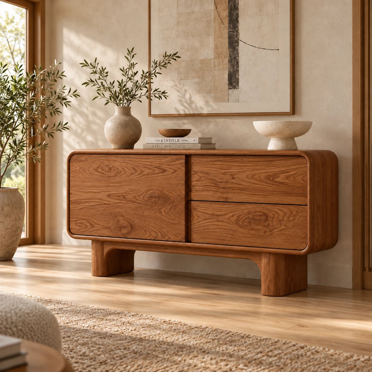 Solid Wood Sideboard with Door, Twin Drawers and Rounded Block-Leg Base - Woodenecho - 8
