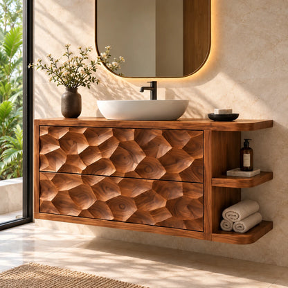 Solid Wood Vanity with Honeycomb-Carved Drawers and Open Side Shelves - Woodenecho - 10