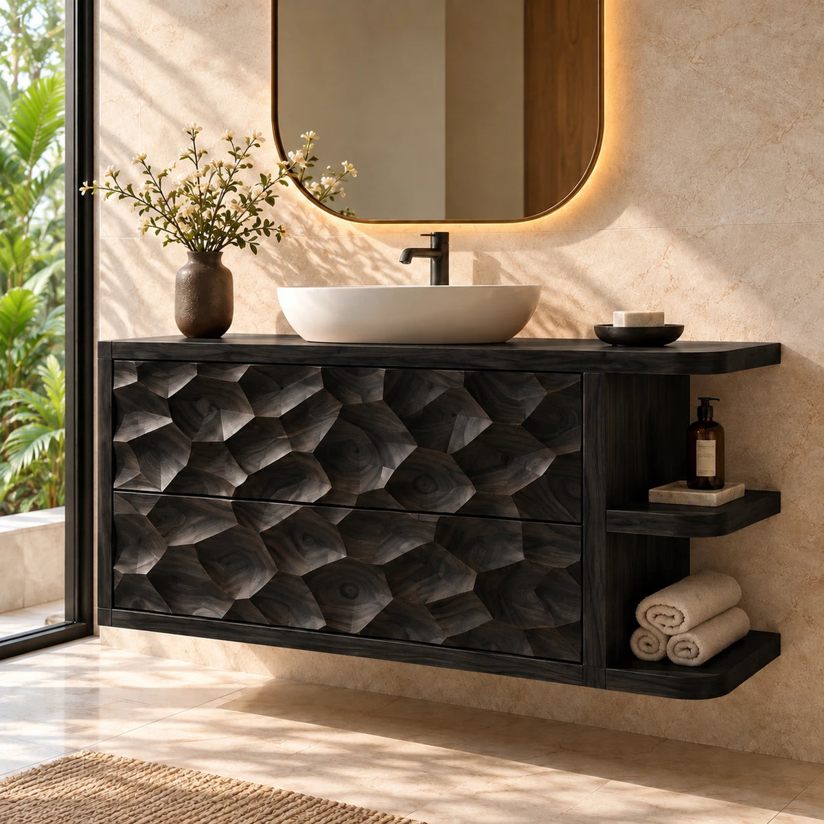 Solid Wood Vanity with Honeycomb-Carved Drawers and Open Side Shelves - Woodenecho - 11