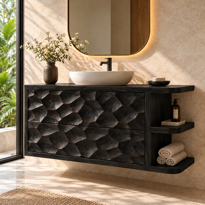 Solid Wood Vanity with Honeycomb-Carved Drawers and Open Side Shelves - Woodenecho - 11