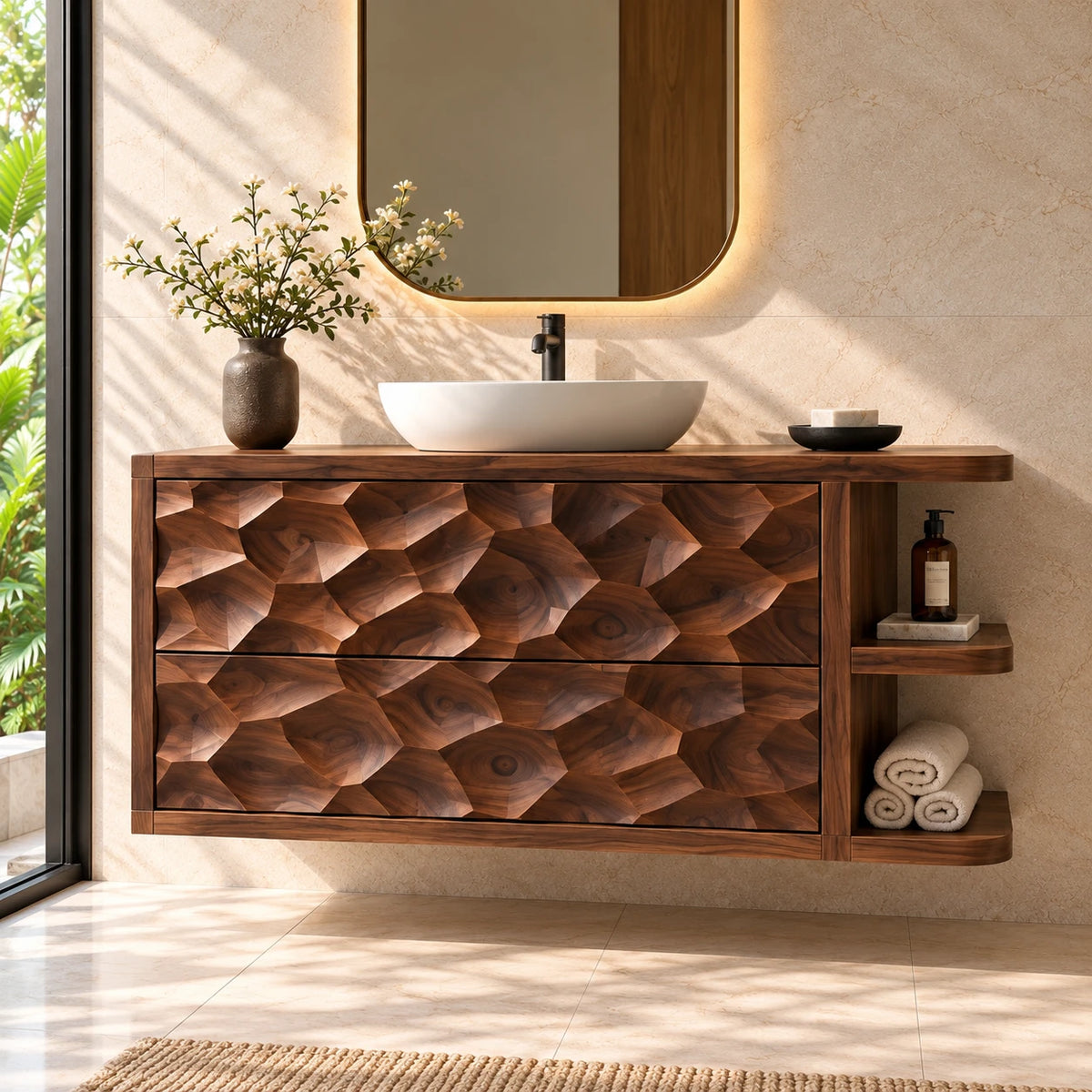 Solid Wood Vanity with Honeycomb-Carved Drawers and Open Side Shelves - Woodenecho - 2