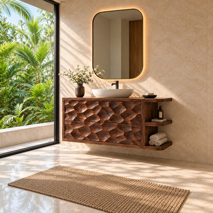 Solid Wood Vanity with Honeycomb-Carved Drawers and Open Side Shelves - Woodenecho - 3