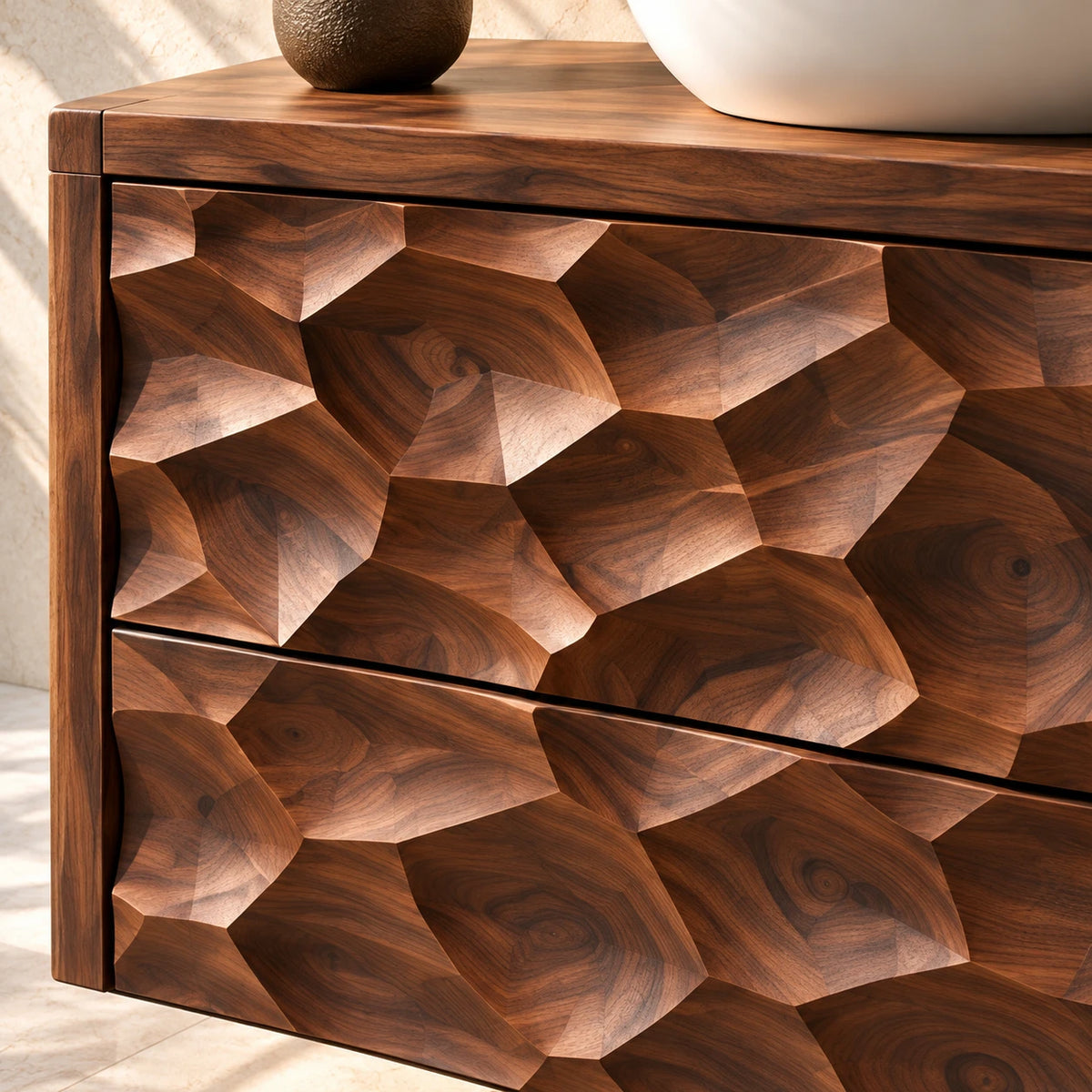 Solid Wood Vanity with Honeycomb-Carved Drawers and Open Side Shelves - Woodenecho - 4