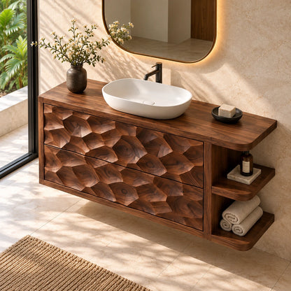 Solid Wood Vanity with Honeycomb-Carved Drawers and Open Side Shelves - Woodenecho - 5