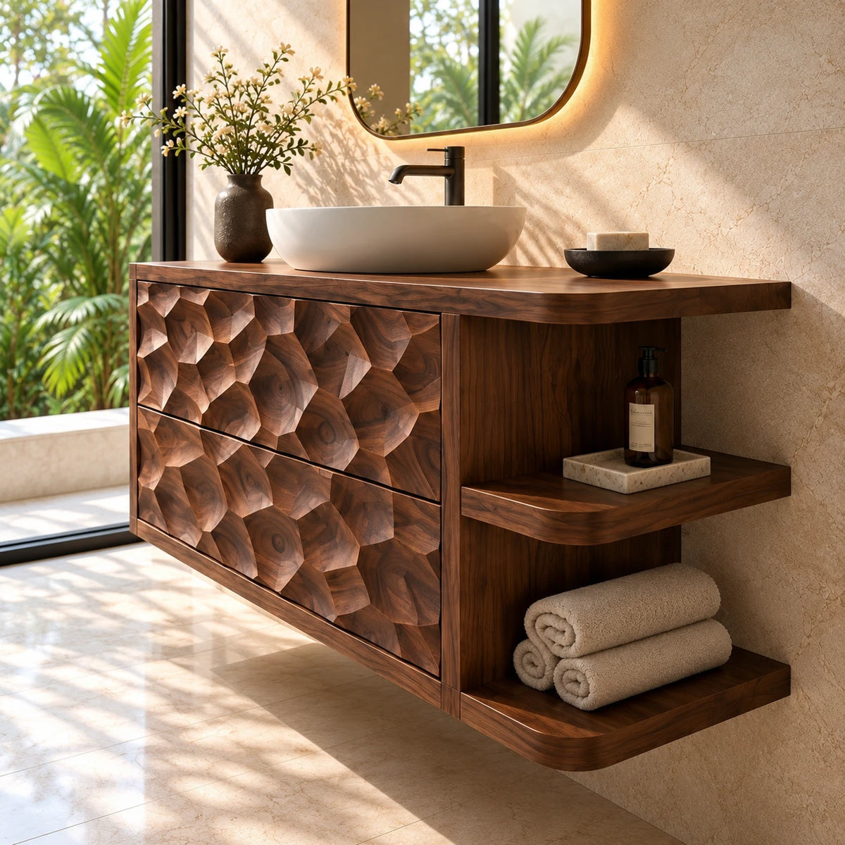 Solid Wood Vanity with Honeycomb-Carved Drawers and Open Side Shelves - Woodenecho - 6