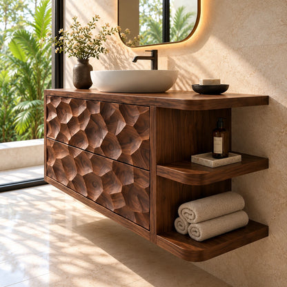 Solid Wood Vanity with Honeycomb-Carved Drawers and Open Side Shelves - Woodenecho - 6