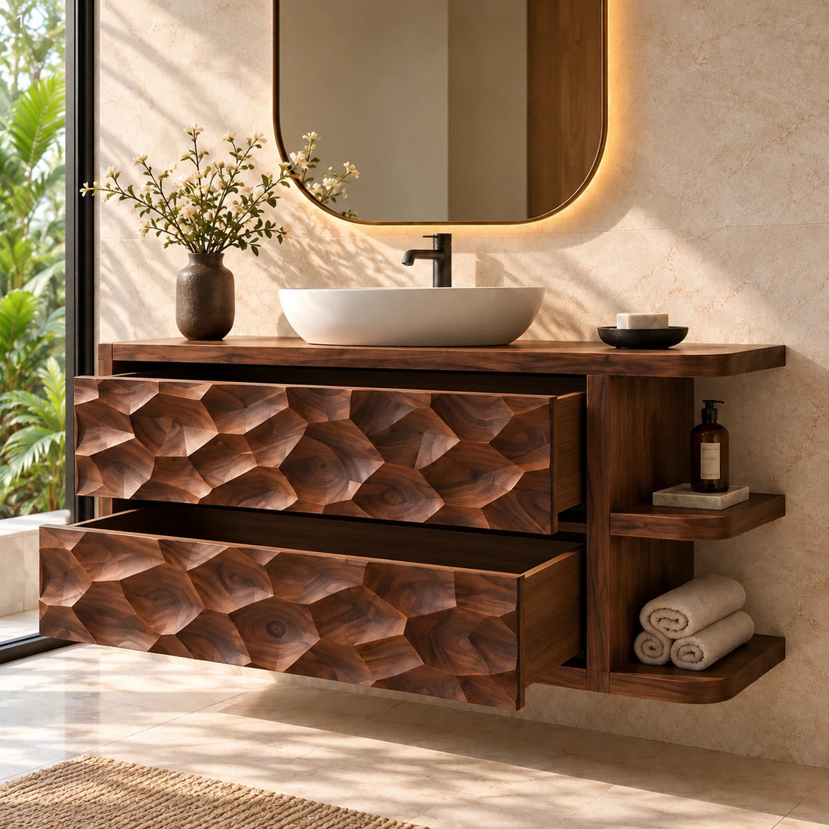 Solid Wood Vanity with Honeycomb-Carved Drawers and Open Side Shelves - Woodenecho - 7