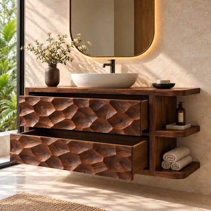 Solid Wood Vanity with Honeycomb-Carved Drawers and Open Side Shelves - Woodenecho - 7