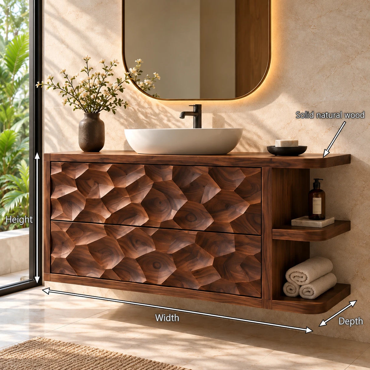 Solid Wood Vanity with Honeycomb-Carved Drawers and Open Side Shelves - Woodenecho - 8