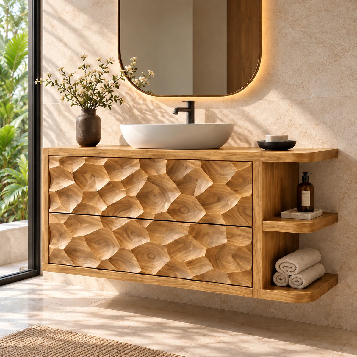 Solid Wood Vanity with Honeycomb-Carved Drawers and Open Side Shelves - Woodenecho - 9