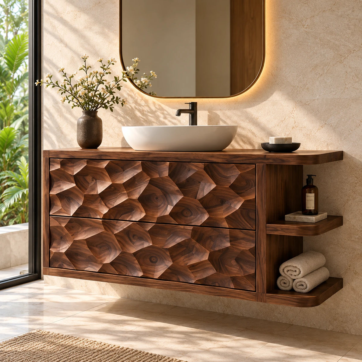 Solid Wood Vanity with Honeycomb-Carved Drawers and Open Side Shelves - Woodenecho