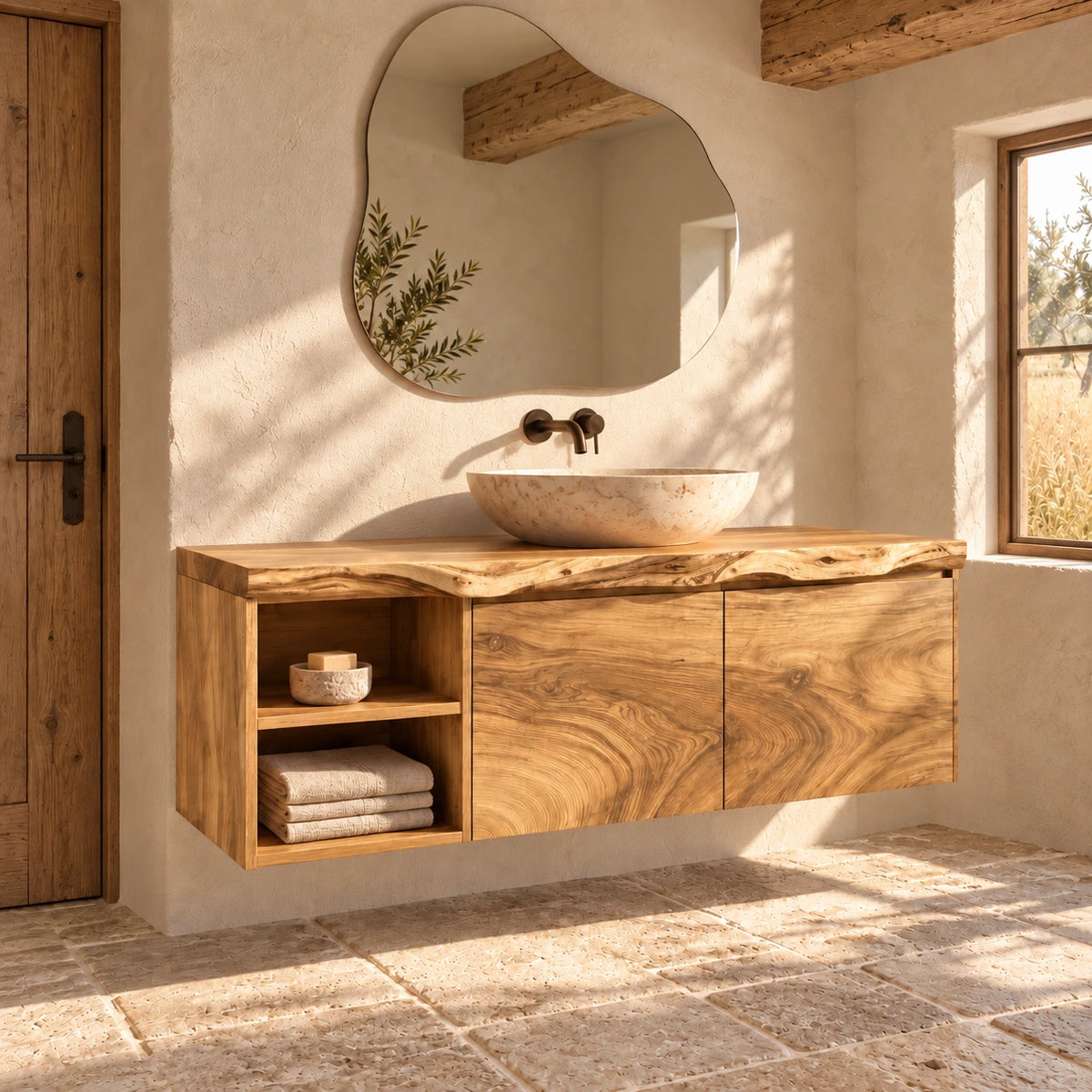 Solid Wood Vanity with Live-Edge Slab Top, Open End Shelf and Twin Doors - Woodenecho - 10