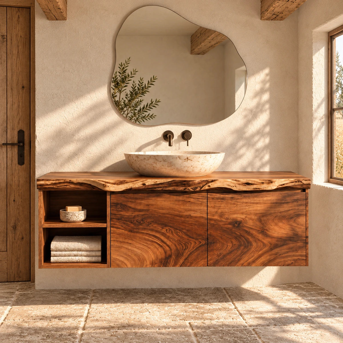 Solid Wood Vanity with Live-Edge Slab Top, Open End Shelf and Twin Doors - Woodenecho - 2
