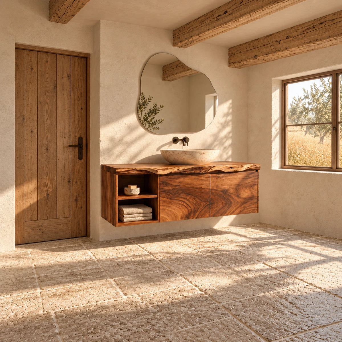 Solid Wood Vanity with Live-Edge Slab Top, Open End Shelf and Twin Doors - Woodenecho - 3