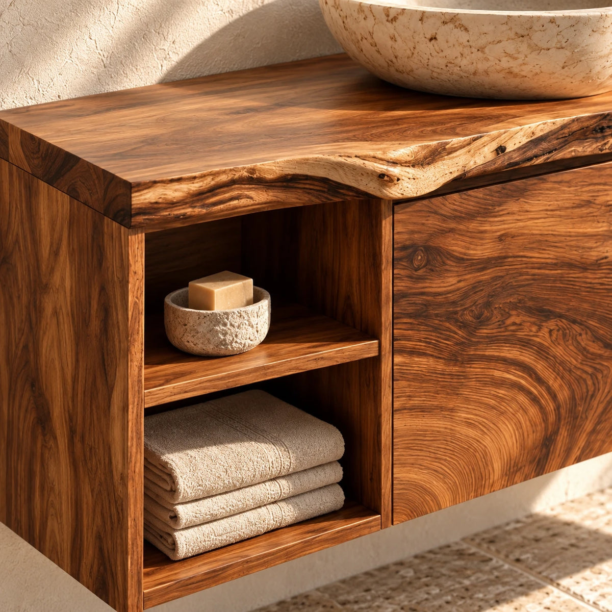 Solid Wood Vanity with Live-Edge Slab Top, Open End Shelf and Twin Doors - Woodenecho - 4
