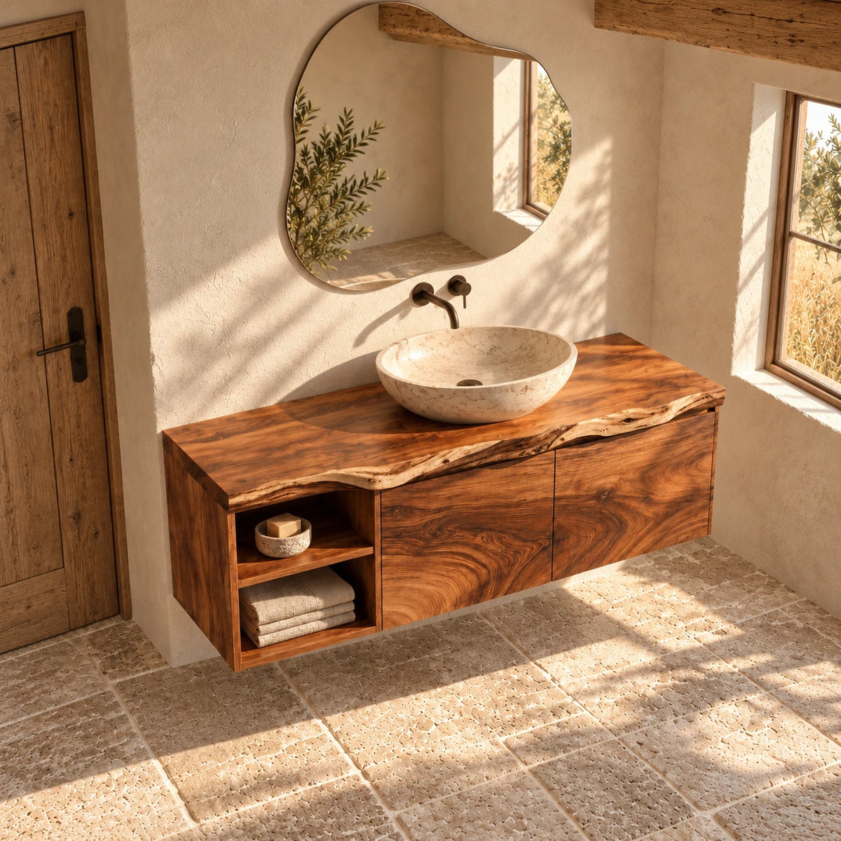 Solid Wood Vanity with Live-Edge Slab Top, Open End Shelf and Twin Doors - Woodenecho - 5