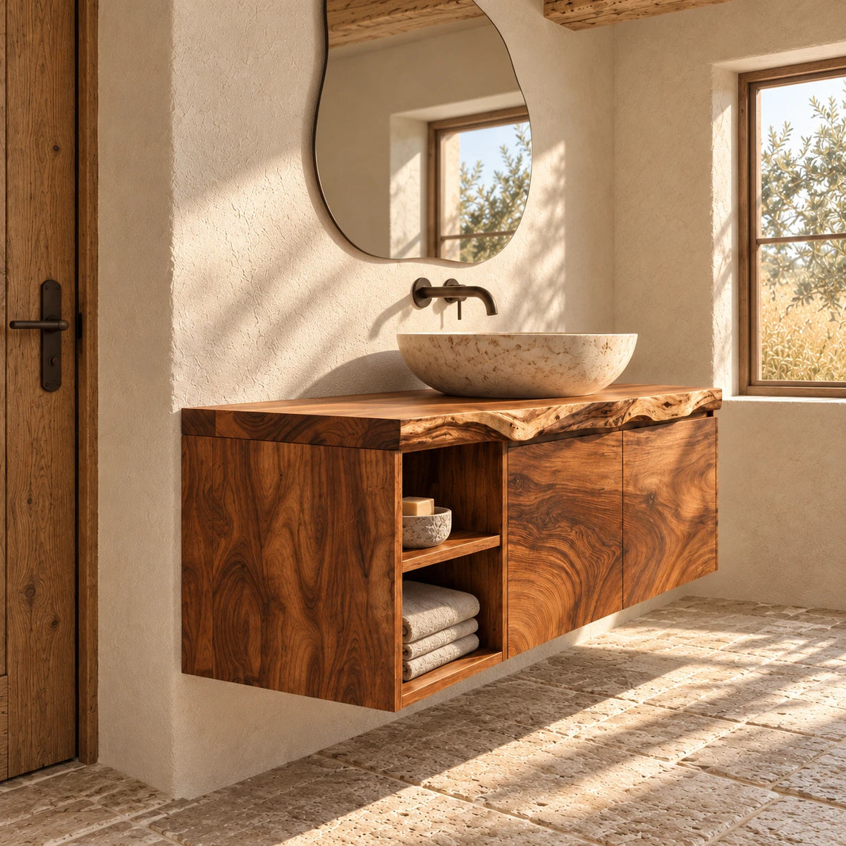 Solid Wood Vanity with Live-Edge Slab Top, Open End Shelf and Twin Doors - Woodenecho - 6