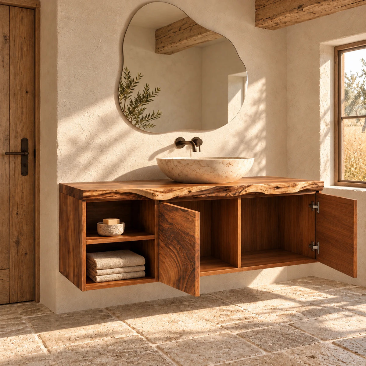 Solid Wood Vanity with Live-Edge Slab Top, Open End Shelf and Twin Doors - Woodenecho - 7
