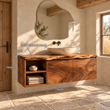 Solid Wood Vanity with Live-Edge Slab Top, Open End Shelf and Twin Doors - Woodenecho - 8