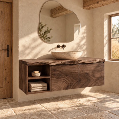 Solid Wood Vanity with Live-Edge Slab Top, Open End Shelf and Twin Doors - Woodenecho - 9