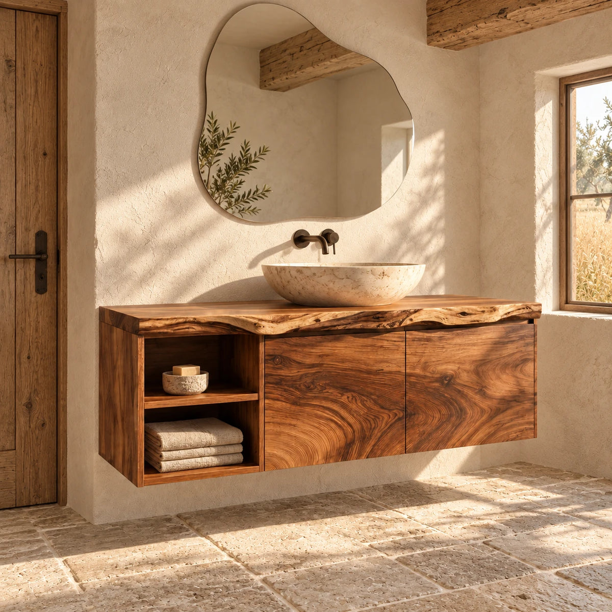 Solid Wood Vanity with Live-Edge Slab Top, Open End Shelf and Twin Doors - Woodenecho