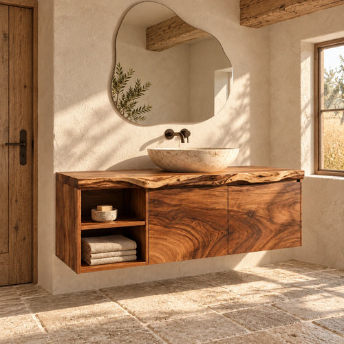 Solid Wood Vanity with Live-Edge Slab Top, Open End Shelf and Twin Doors - Woodenecho