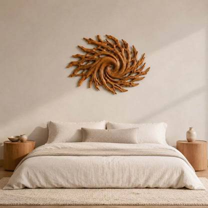 Spiral Wall Art with Radiating Carved Branches in Natural Solid Wood - Woodenecho - 1