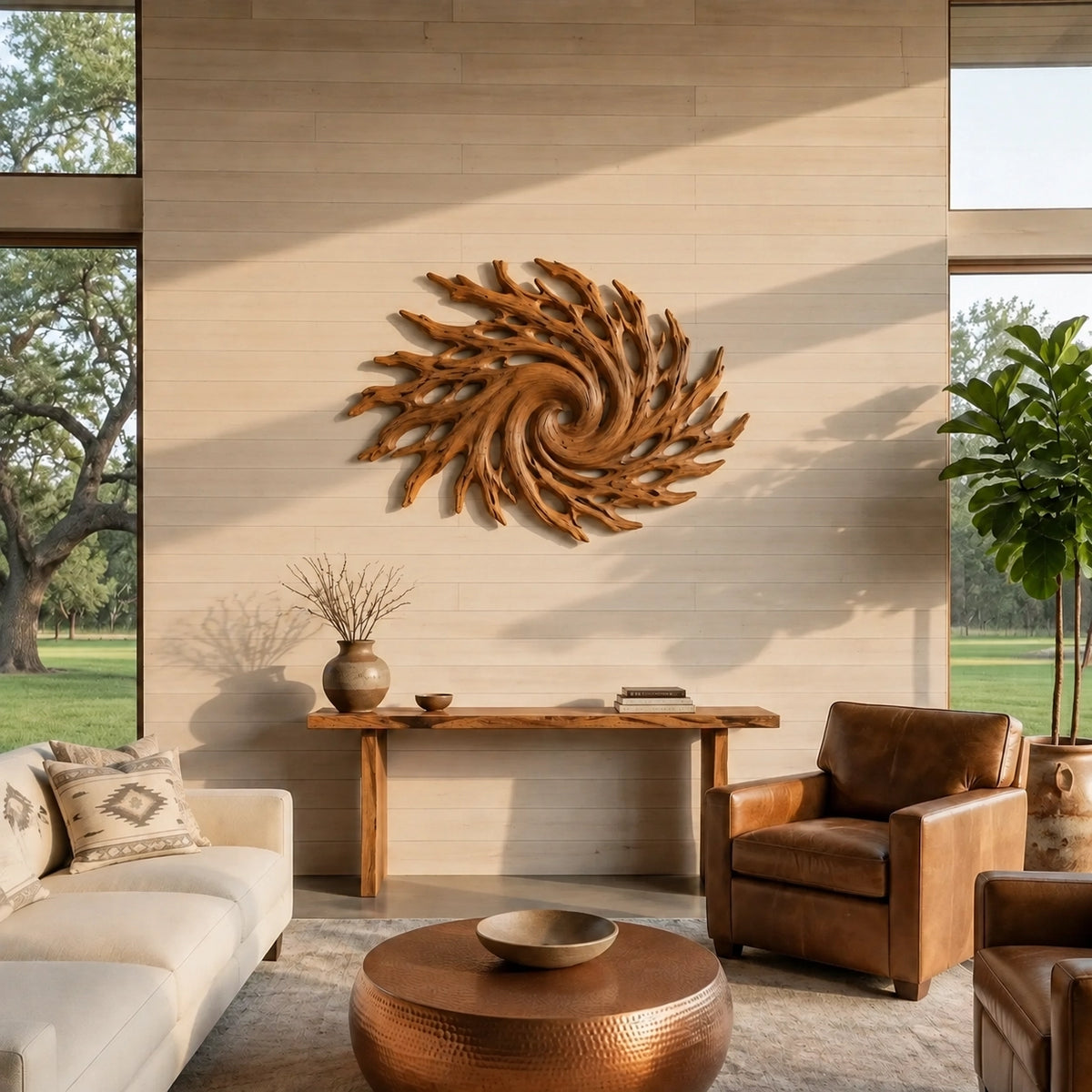 Spiral Wall Art with Radiating Carved Branches in Natural Solid Wood - Woodenecho - 2