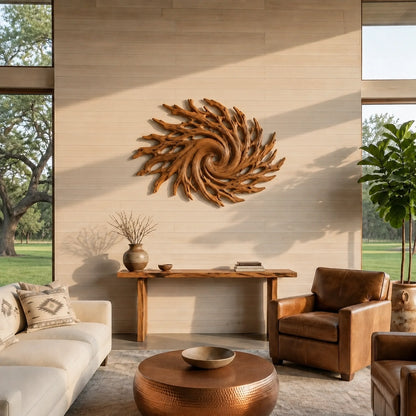 Spiral Wall Art with Radiating Carved Branches in Natural Solid Wood - Woodenecho - 2