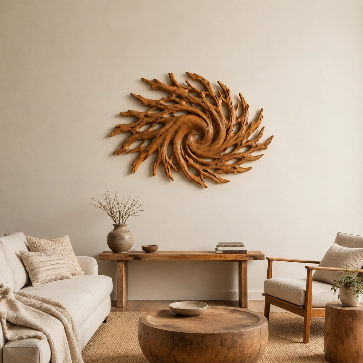 Spiral Wall Art with Radiating Carved Branches in Natural Solid Wood - Woodenecho - 3