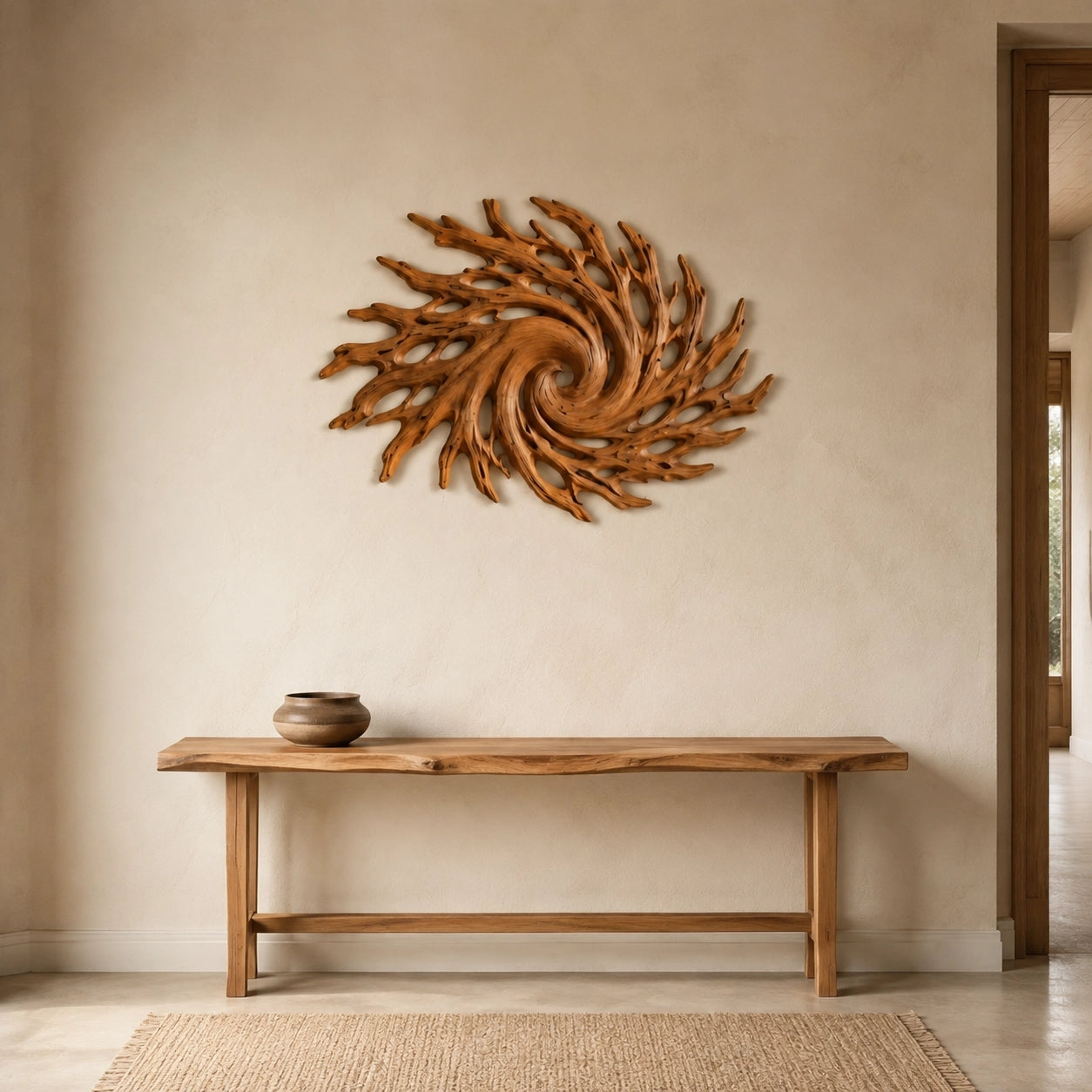 Spiral Wall Art with Radiating Carved Branches in Natural Solid Wood - Woodenecho - 4
