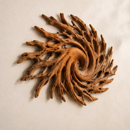 Spiral Wall Art with Radiating Carved Branches in Natural Solid Wood - Woodenecho - 5