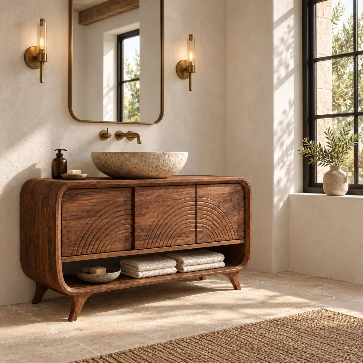 Traditional Bathroom Vanity with Arc-Carved Cabinet Doors in Wood - Woodenecho - 1