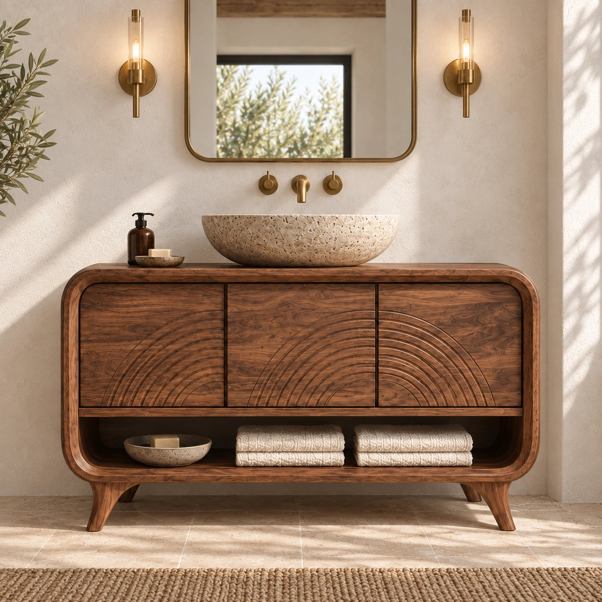 Traditional Bathroom Vanity with Arc-Carved Cabinet Doors in Wood - Woodenecho - 3
