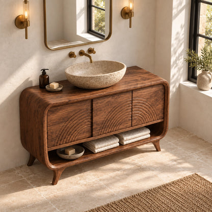 Traditional Bathroom Vanity with Arc-Carved Cabinet Doors in Wood - Woodenecho - 4