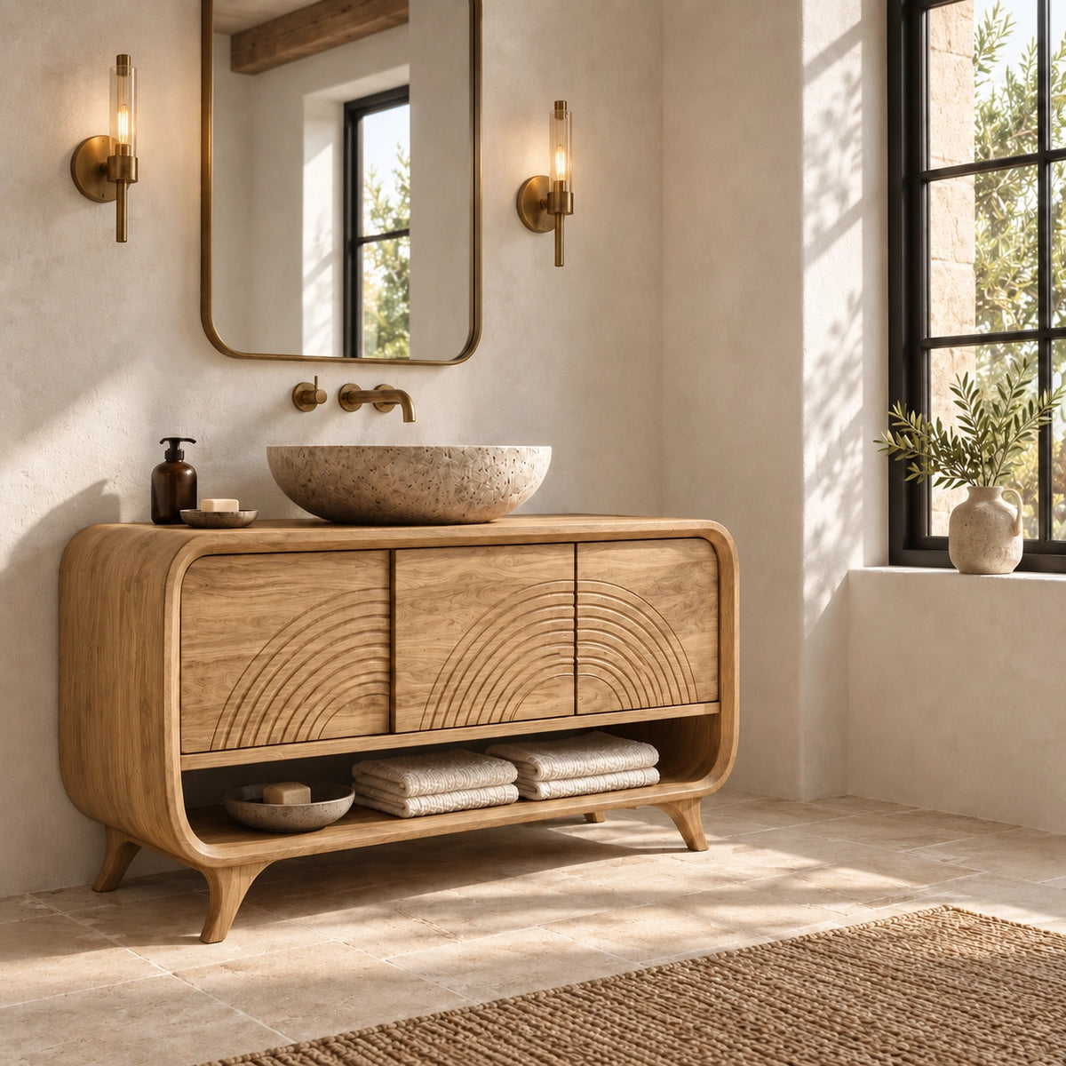 Traditional Bathroom Vanity with Arc-Carved Cabinet Doors in Wood - Woodenecho - 7