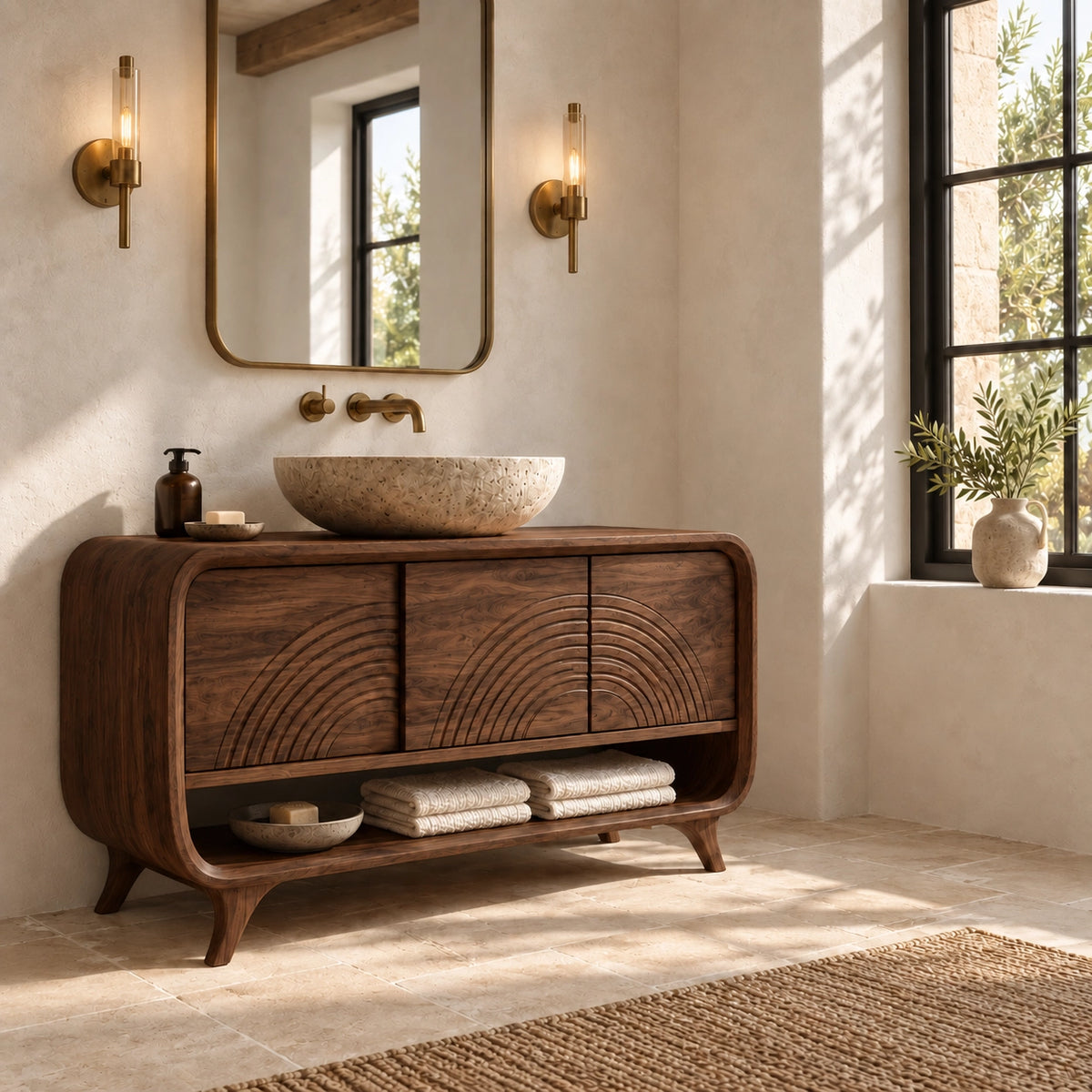 Traditional Bathroom Vanity with Arc-Carved Cabinet Doors in Wood - Woodenecho - 8