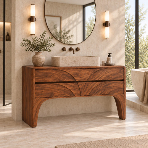 Traditional Bathroom Vanity with Arc-Carved Drawers in Natural Solid Wood - Woodenecho - 1
