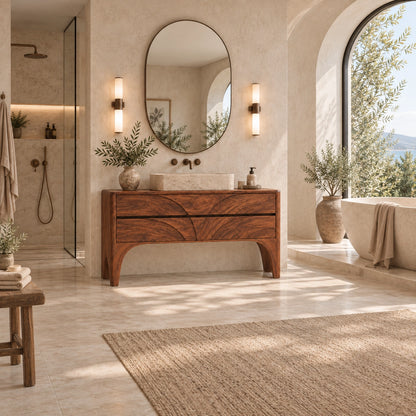 Traditional Bathroom Vanity with Arc-Carved Drawers in Natural Solid Wood - Woodenecho - 2