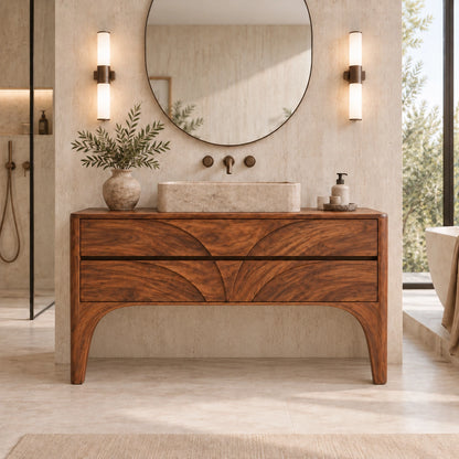 Traditional Bathroom Vanity with Arc-Carved Drawers in Natural Solid Wood - Woodenecho - 3
