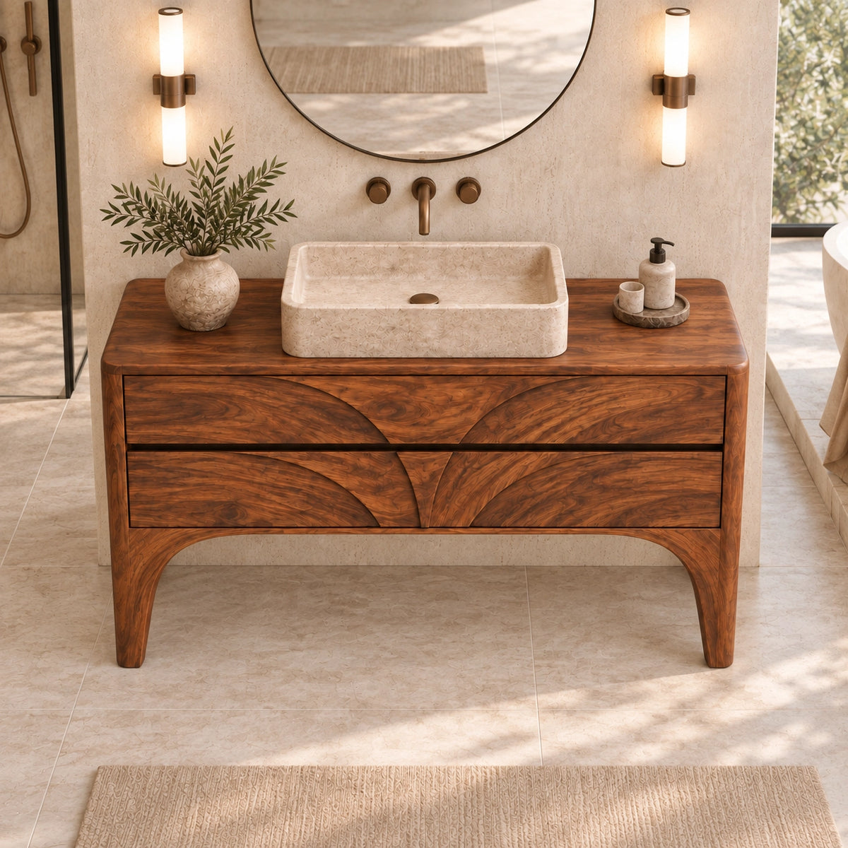 Traditional Bathroom Vanity with Arc-Carved Drawers in Natural Solid Wood - Woodenecho - 4