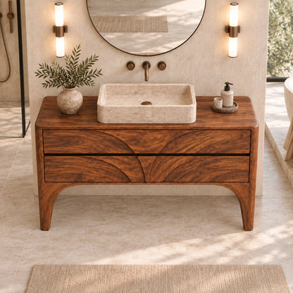 Traditional Bathroom Vanity with Arc-Carved Drawers in Natural Solid Wood - Woodenecho - 4