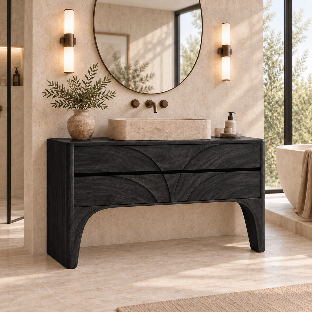 Traditional Bathroom Vanity with Arc-Carved Drawers in Natural Solid Wood - Woodenecho - 7