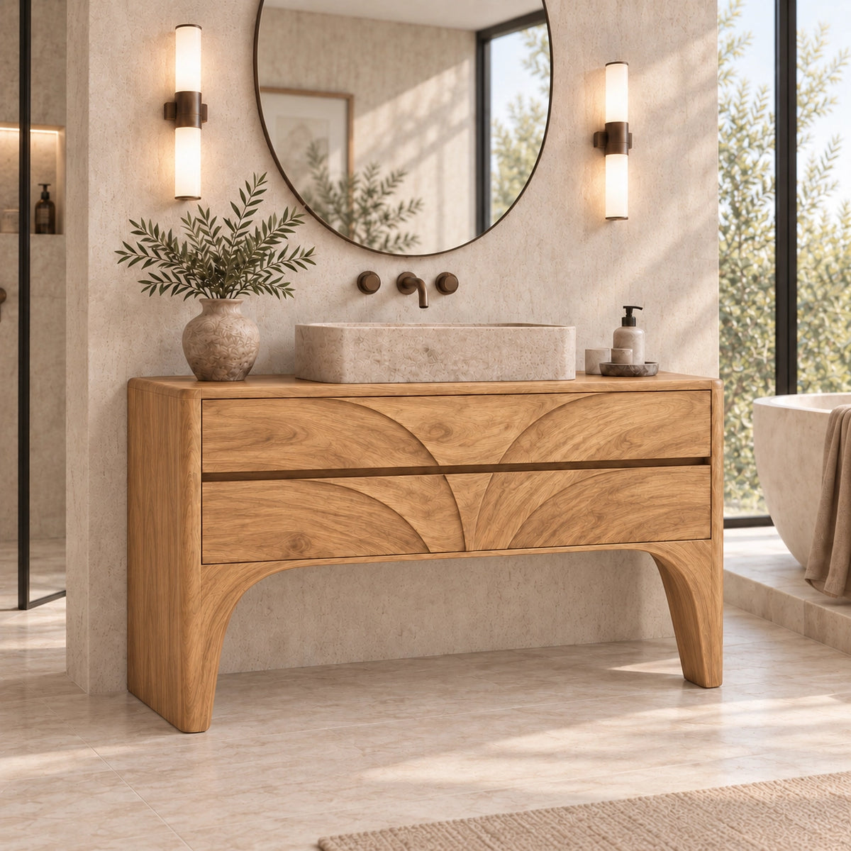 Traditional Bathroom Vanity with Arc-Carved Drawers in Natural Solid Wood - Woodenecho - 8