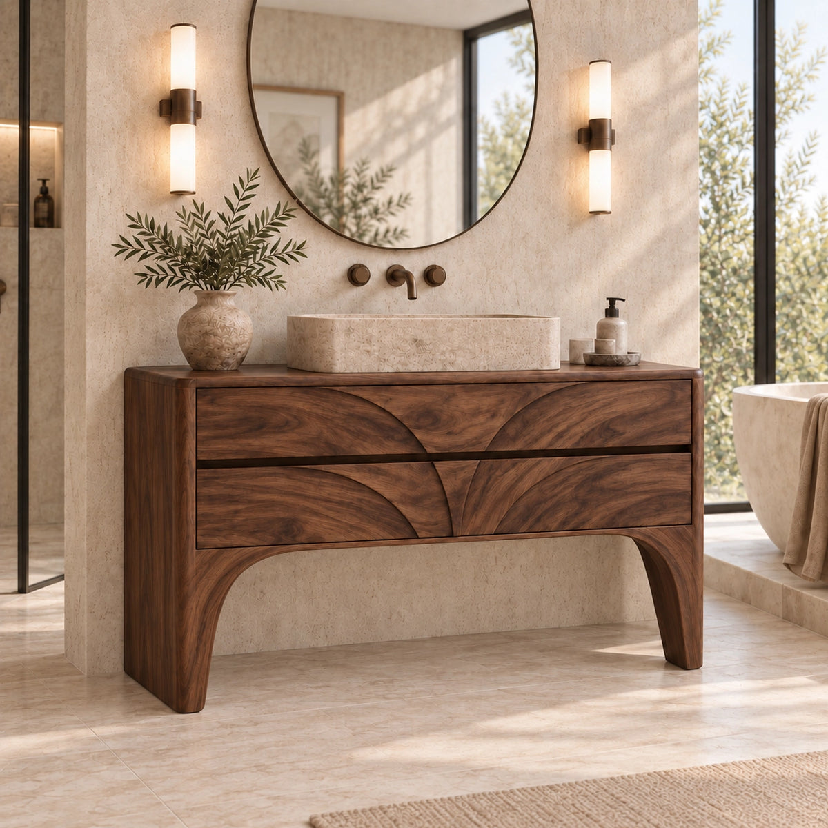 Traditional Bathroom Vanity with Arc-Carved Drawers in Natural Solid Wood - Woodenecho - 9