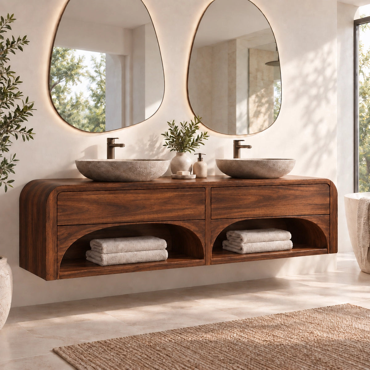 Traditional Bathroom Vanity with Arched Storage Shelves in Natural Solid Wood - Woodenecho - 1